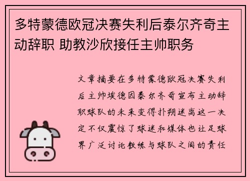 多特蒙德欧冠决赛失利后泰尔齐奇主动辞职 助教沙欣接任主帅职务 多特蒙德欧冠决赛失利后泰尔齐奇主动辞职 助教沙欣接任主帅职务