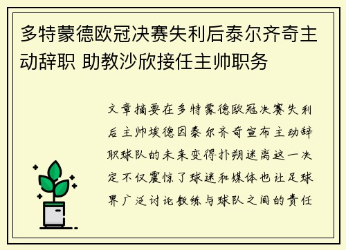 多特蒙德欧冠决赛失利后泰尔齐奇主动辞职 助教沙欣接任主帅职务